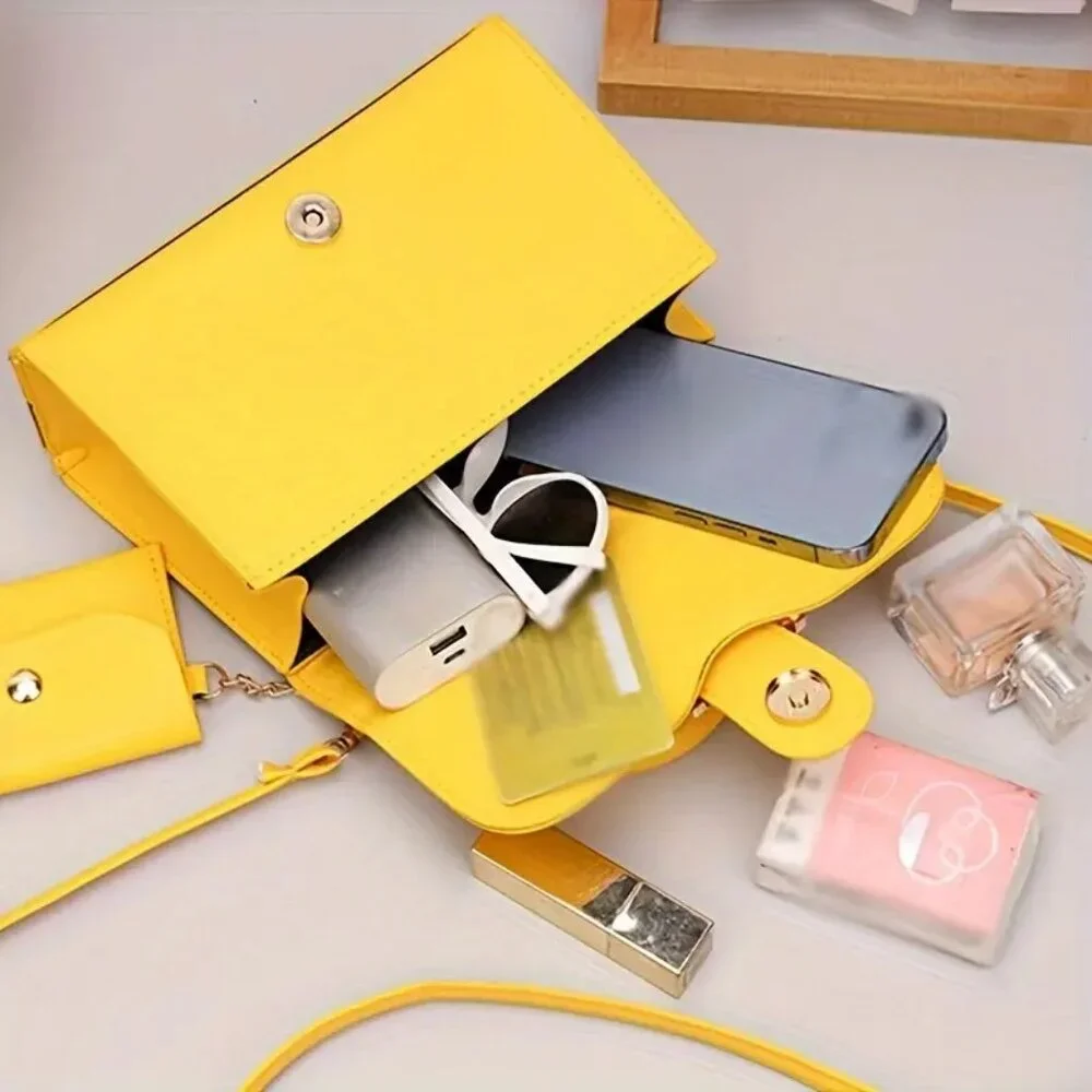 Trendy Yellow Handbag Retro Style Buckle Purse w/ Detachable Mini Coin Purse - Picture 9 of 10